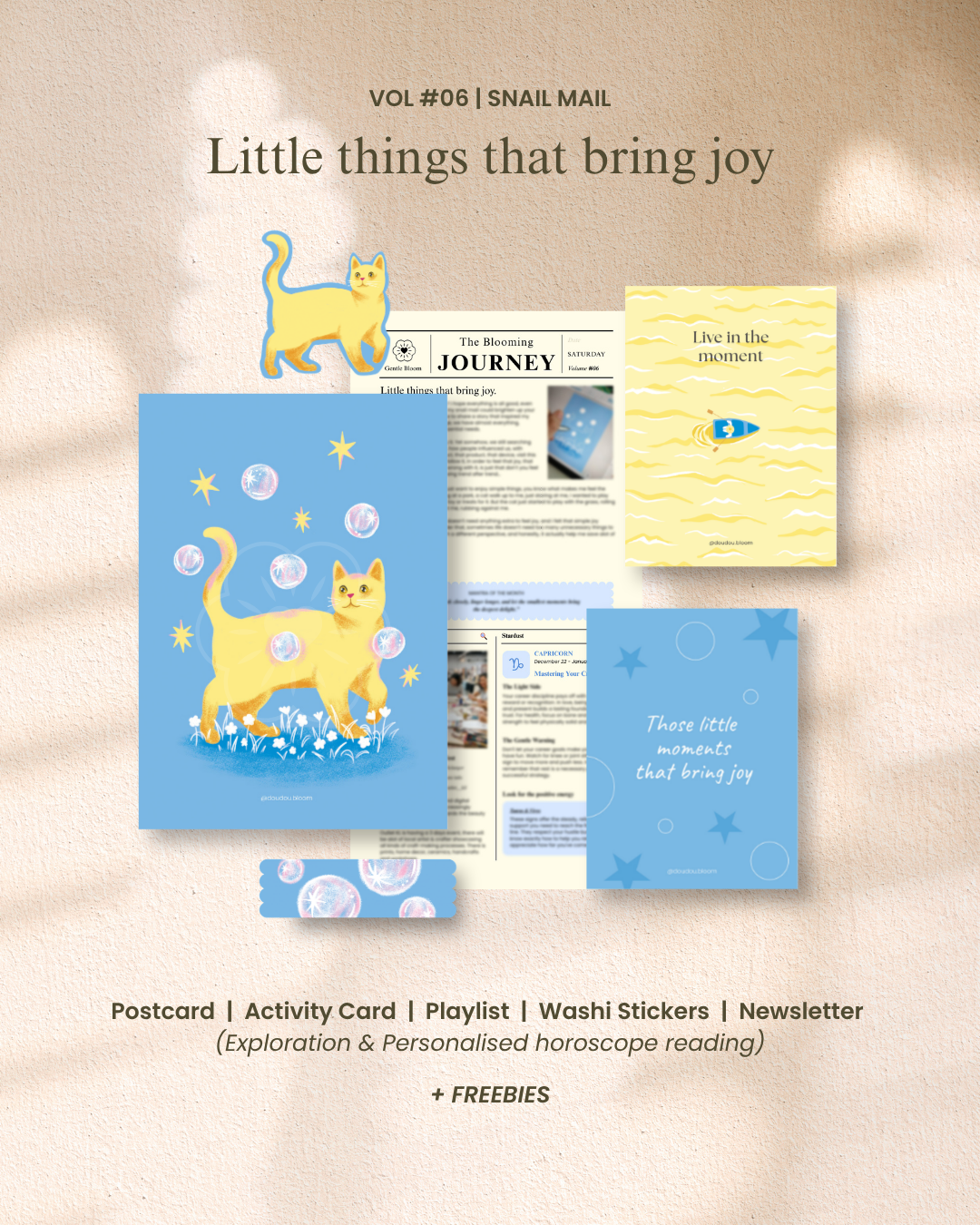 collage for a Snail Mail newsletter set titled 'Little things that bring joy', showing multiple pastel stationery items including a blue cat postcard, a yellow activity card, a newsletter page, and a sticker card on a warm beige textured background.
