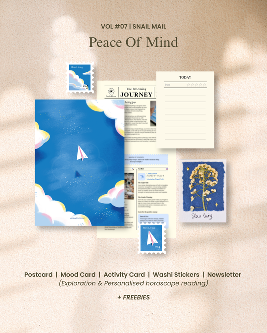 Snail mail set comes with a postcard with a paper plane flying illustrations, washi sticker in a stamp shape with paper plane and cloud illustrations, handcrafts dry pressed flower on a blue recycle paper