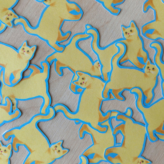 Snail mail set comes with a postcard with a yellow cat playing with bubbles on a blue background illustrations, washi sticker in a stamp shape with cats and bubble illustrations. Activity self love card and music playlist suggestion.