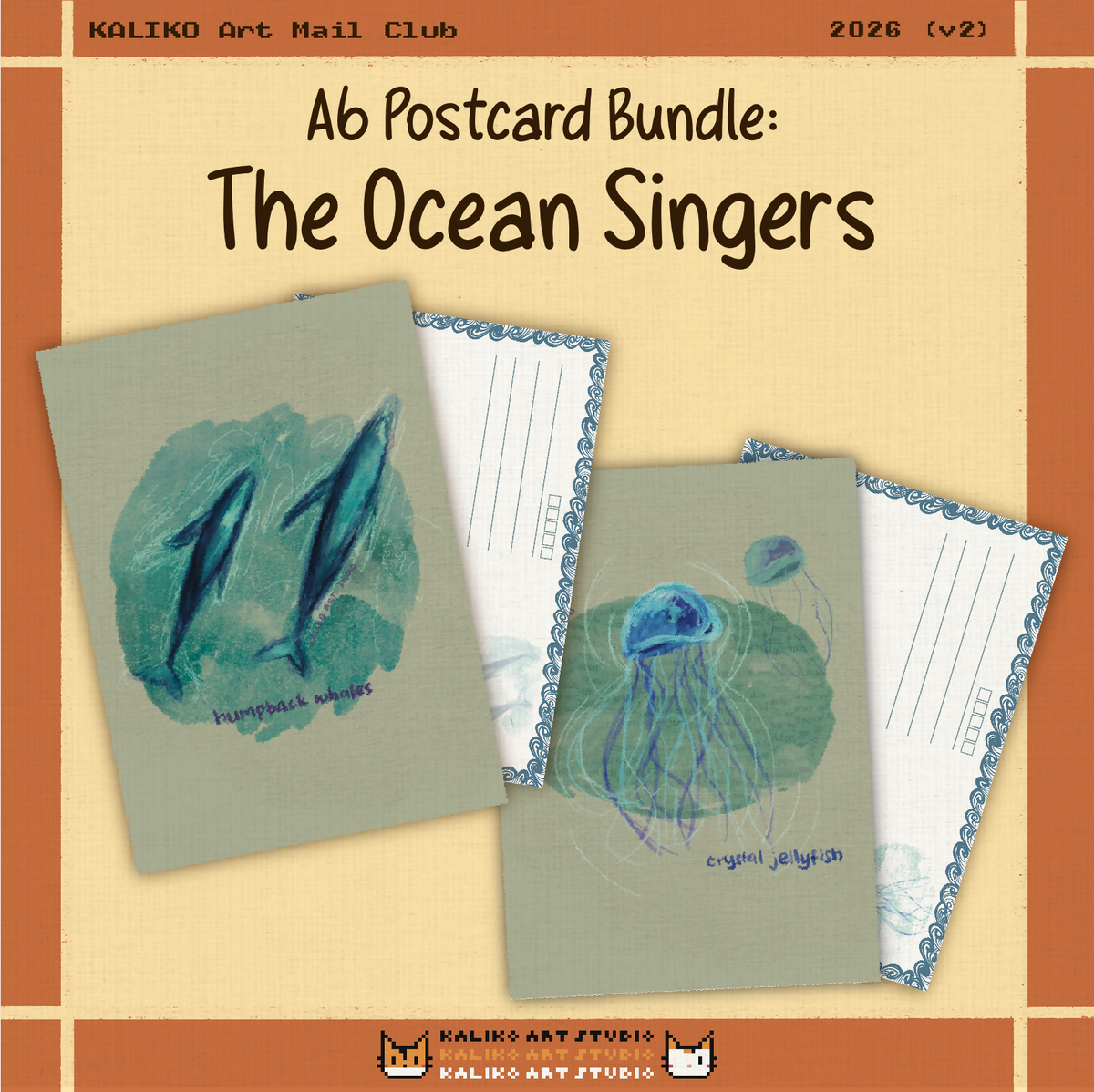 A6 Postcard Bundle: The Ocean Singers, featuring two postcards with illustrations of humpback whales and crystal jellyfish in monochromatic blue.